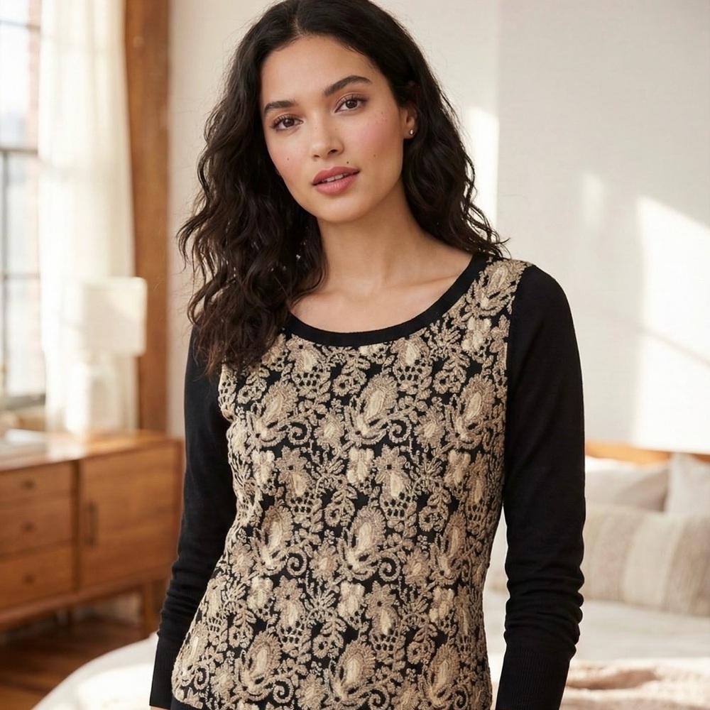 LOFT Metallic Jacquard Front Sweater – Black/Gold – SZ M